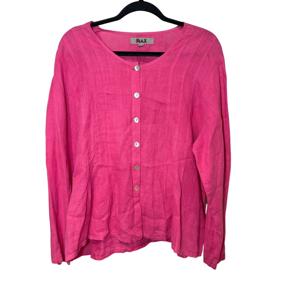 Flax Linen Button Down Blouse Pink Lagenlook Size Medium